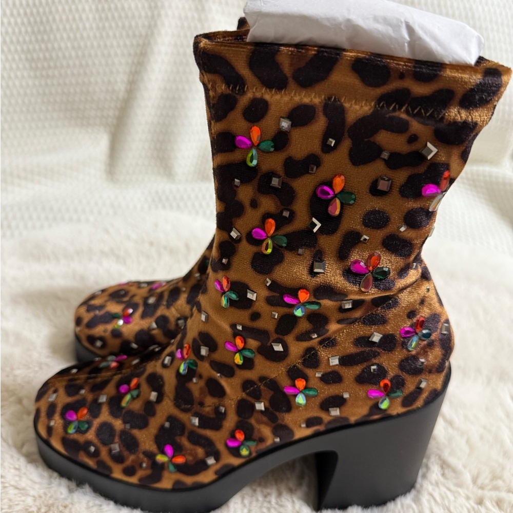 Betsey Johnson Leopard Print Ankle Boots with Embellishments - Picture 2 of 10